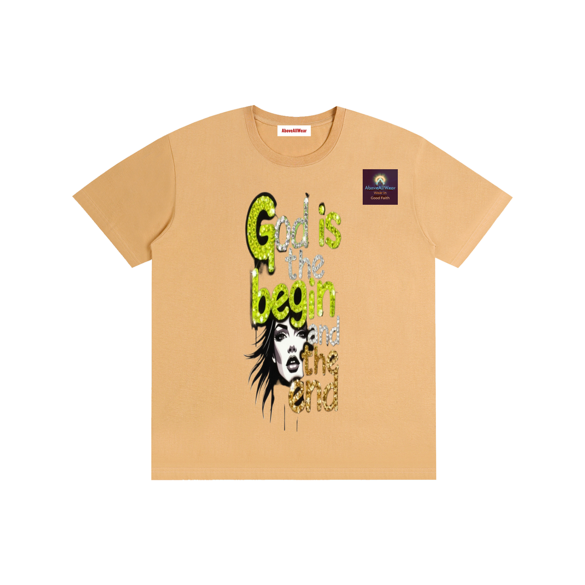 AboveAllWear,neongold,godisthebeginandend,edgy,bling,frapic,winter,summer,fall,spring,cotton,casual,christianapparel,clothing,faith,jesus,fashion,design,graphicdesign,y2k,outdoor,hoodie,shortsleeveshirt,shortsleeve