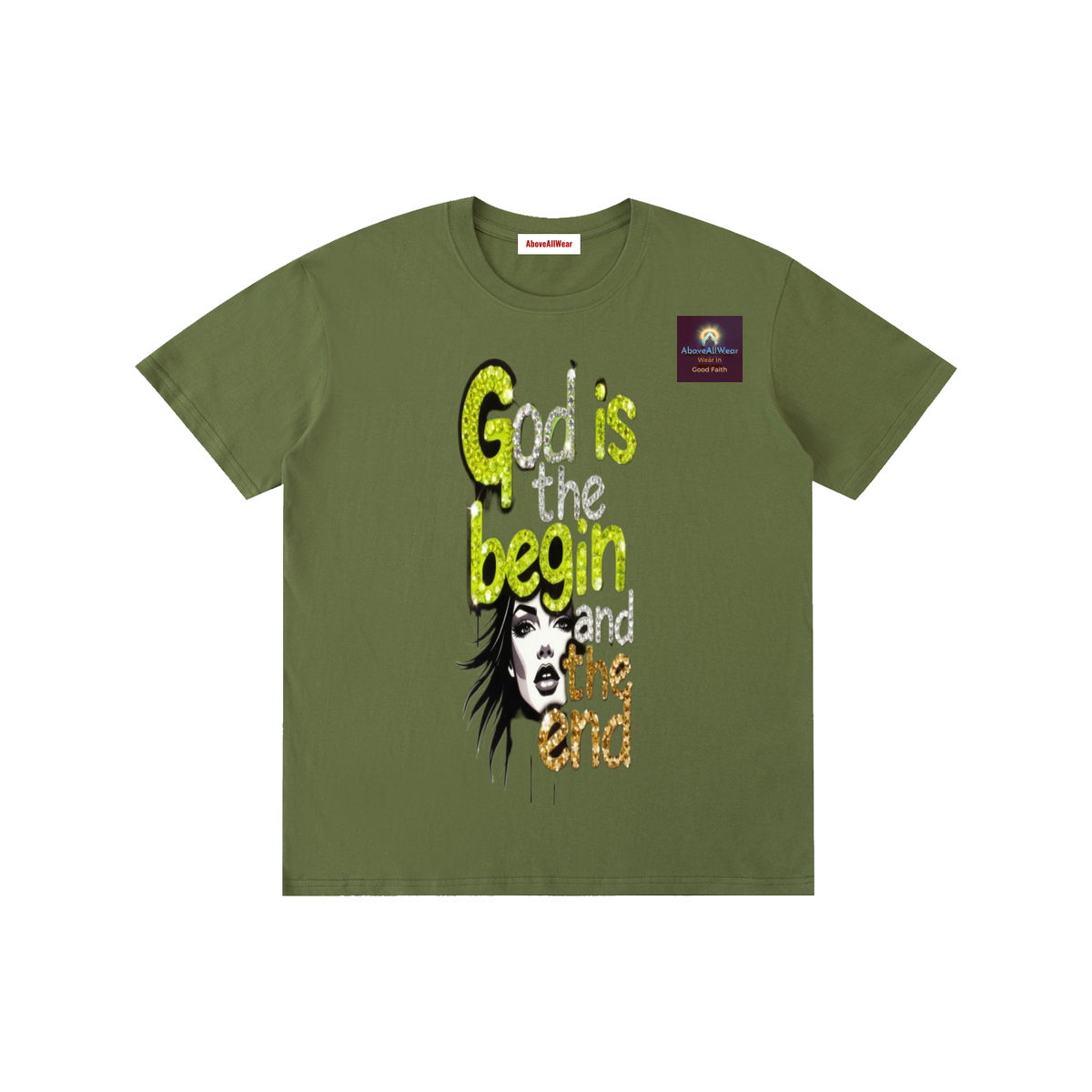 AboveAllWear,neongold,godisthebeginandend,edgy,bling,frapic,winter,summer,fall,spring,cotton,casual,christianapparel,clothing,faith,jesus,fashion,design,graphicdesign,y2k,outdoor,hoodie,shortsleeveshirt,shortsleeve