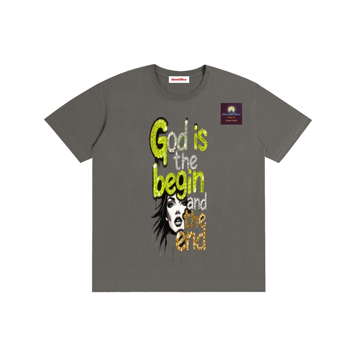 AboveAllWear,neongold,godisthebeginandend,edgy,bling,frapic,winter,summer,fall,spring,cotton,casual,christianapparel,clothing,faith,jesus,fashion,design,graphicdesign,y2k,outdoor,hoodie,shortsleeveshirt,shortsleeve